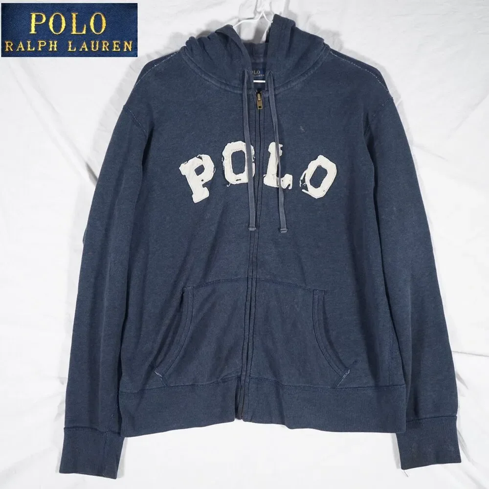 Polo Ralph Lauren Spellout Distressed Hoodie Navy XL Cropped See Measurements